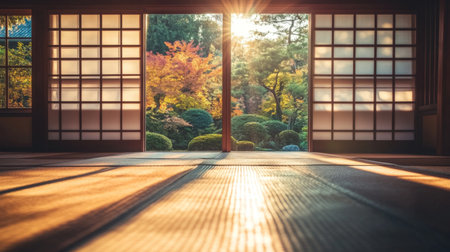 A serene Japanese interior featuring sliding doors, revealing a picturesque garden bathed in warm sunlight, creating a tranquil atmosphere filled with natural beauty.の素材