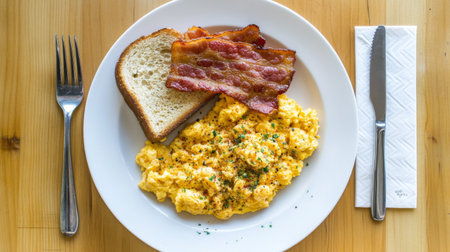 A delicious breakfast plate featuring creamy scrambled eggs, crispy bacon, and toasted bread, set on a wooden table, perfect for a morning meal.の素材