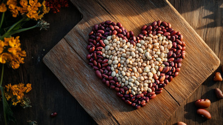 A visually striking arrangement of various beans forming a heart shape on a rustic wooden surface, celebrating healthy eating and creativity in food art.の素材