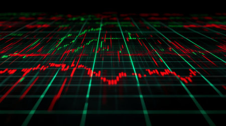 Explore a captivating digital visualization of financial data, showcasing red and green trends on a grid. Ideal for finance, investment, and technology themes.の素材