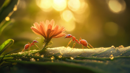Two red ants explore a delicate pink flower in a lush, dew-covered environment, illuminated by soft morning light, showcasing nature's beauty and detail.の素材