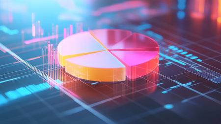 A vibrant 3D pie chart stands out against a futuristic digital background, showcasing data analysis with colorful segments and accompanying graphs for effective visualization.の素材