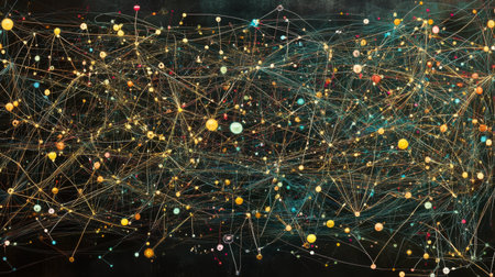 This image showcases an abstract representation of a cosmic network, featuring vibrant stars and connections against a dark backdrop, evoking a sense of mystery and exploration.の素材