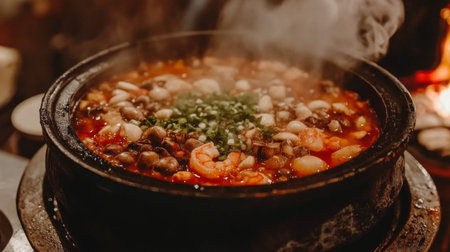 A vibrant steaming seafood dish in a traditional black pot, featuring fresh shrimp, shellfish, and vegetables. Perfect for culinary enthusiasts and food lovers.の素材