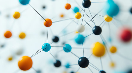 Abstract visual of colorful molecular structures showcasing connections between spheres, perfect for science, education, and technology themes.の素材
