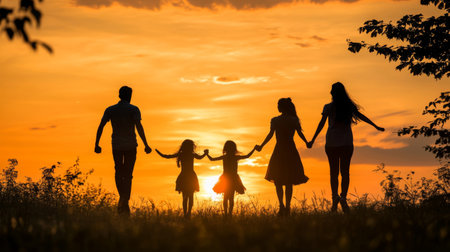 A beautiful silhouette of a family enjoying a sunset together. The parents and two children hold hands, embodying love and togetherness in a serene outdoor setting.の素材