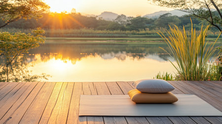 A serene outdoor yoga scene showcasing a mat with cushions at sunrise, surrounded by calm waters and lush trees, perfect for relaxation and mindfulness.の素材