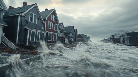 A powerful storm surges waves against coastal homes, highlighting the destructive impact of flooding and erosion on vulnerable waterfront properties.の素材