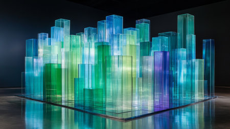 This striking art installation features vibrant, transparent sculptures that reflect light and color, creating a mesmerizing visual experience in a modern space.の素材