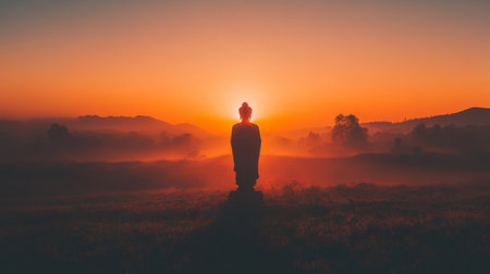 A serene Buddha statue stands silhouetted against a vibrant sunrise, surrounded by misty hills. This tranquil scene captures peace and spirituality in nature.の素材