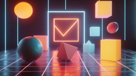 Explore a dynamic composition of vibrant geometric shapes in a futuristic neon setting. This visually striking artwork emphasizes bright colors and modern design elements, perfect for creative projects.の素材