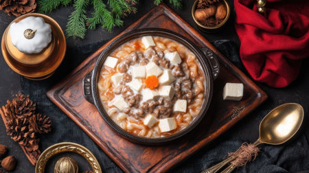An overhead shot of a homemade udon dish with a rich miso-based soup, topped with tofu and fresh vegetables, emphasizing the hearty and comforting aspects of Japanese cuisine.の素材