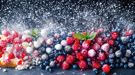 An artistic composition featuring mixed berry French toast on a slate plate with a side of berry compote and fresh mint, highlighting gourmet presentation ideal for food photography.の素材