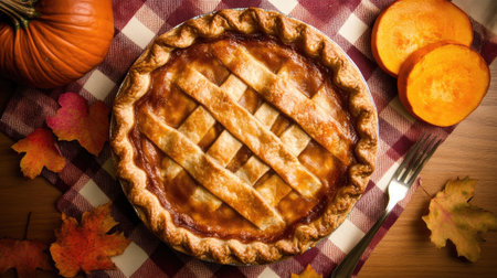 An overhead view of a freshly baked chicken pumpkin pot pie, with a perfectly crimped crust, set on a checkered tablecloth, accompanied by slices of pumpkin and a fork for serving.の素材
