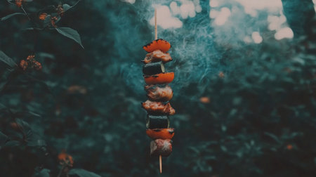 A close-up of succulent skewers of barbecued meat and colorful vegetables sizzling on a grill, with smoky flames in the background, capturing the essence of outdoor cooking.の素材