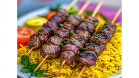A close-up of lamb kebabs served on a bed of saffron rice, garnished with coriander and served with raita, highlighting the flavors of Indian spices and cuisine.の素材