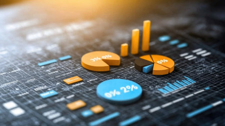 A dynamic D pie chart with rotating slices in bright colors, illustrating different data categories. The chart is displayed in a futuristic setting with glowing elements.の素材