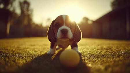A happy beagle puppy wagging its tail while playing fetch in a sunny park, capturing the joy of outdoor play and the cuteness of this friendly breed.の素材