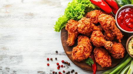 A rustic wooden board featuring fried chicken pieces alongside a bowl of hot sauce and fresh vegetables, all set against a white backdrop to create a cozy atmosphere.の素材