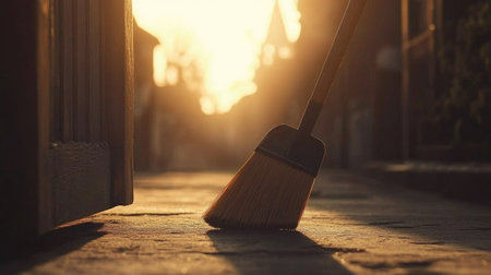 A sweeping motion captured mid-action with a broom gliding over a clean floor, emphasizing the effectiveness of traditional cleaning methods in a home environment.の素材