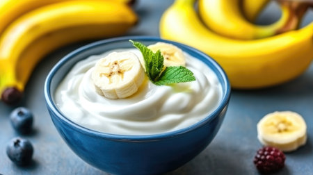 A refreshing bowl of creamy fruit yogurt topped with a colorful assortment of fresh berries, sliced bananas, and mint leaves, set against a bright kitchen backdrop, perfect for a healthy breakfast.の素材