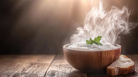 A steaming bowl of creamy mussel soup garnished with fresh herbs, served with a slice of crusty bread on the side, presented on a rustic wooden table.の素材