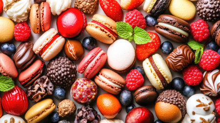 A whimsical display of macarons in various flavors, surrounded by fresh berries and mint leaves, creating a delightful and inviting dessert setting for a summer tea party.の素材