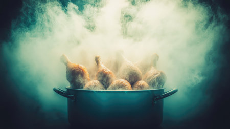 A sizzling plate of tandoori chicken, marinated in yogurt and spices, grilled to perfection. The smoky aroma and vibrant colors stand out against the dark background.の素材