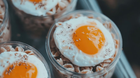 A healthy meal prep scene featuring containers filled with whole wheat pasta in sesame sauce, with poached eggs ready to be added, highlighting a nutritious and balanced lifestyle.の素材