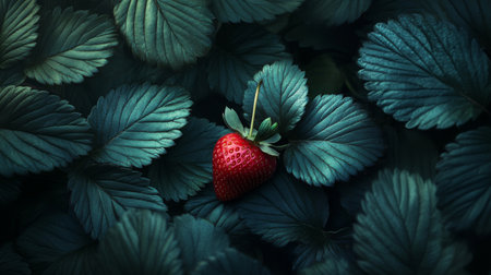 A single ripe red strawberry stands out beautifully against lush green leaves, showcasing vibrant colors and natural textures in a serene garden setting.の素材