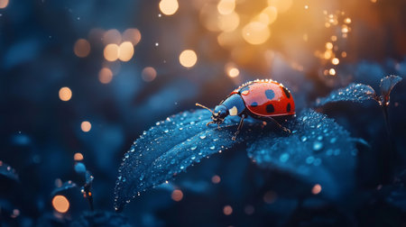 A stunning macro shot of a ladybug resting on a dewy leaf with a glittering bokeh background. The vivid colors and intricate details capture the essence of nature's fragility and beauty.の素材