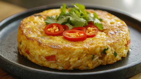 A mouthwatering Spanish tortilla featuring vibrant vegetables and a sprinkle of fresh cilantro, perfect for any meal. Enjoy this delicious, hearty dish!の素材