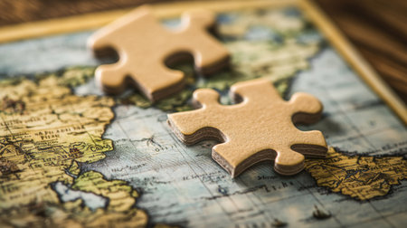 Two wooden puzzle pieces rest on a vintage world map, symbolizing connection and exploration. The intricate details invite curiosity about geography and adventure.の素材