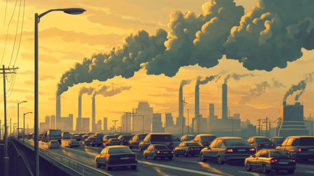 This image features a bustling urban landscape at sunset, showcasing traffic congestion alongside factories emitting thick smoke into the atmosphere, highlighting pollution issues.の素材