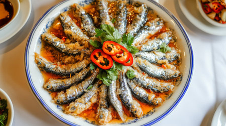 A stunning presentation of fried fish garnished with fresh herbs and spicy chili. This dish is perfect for a festive gathering or a gourmet dining experience.の素材