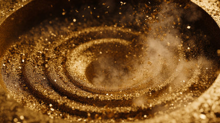 This striking image captures golden dust swirling in a circular motion, creating a captivating and magical effect, perfect for abstract and artistic projects.の素材
