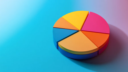 A vibrant pie chart made of sticky notes in various colors, set against a soft blue gradient background. Ideal for business presentations and creative projects.の素材