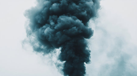 A dramatic image of a dark smoke plume rising into the sky, presenting a stark contrast against a light background. This visual captures the essence of air pollution and its environmental impact.の素材