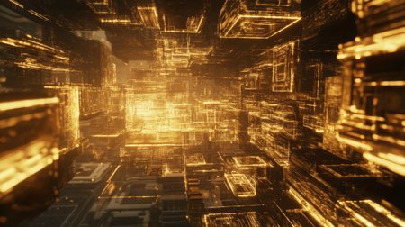 Immerse in a mesmerizing abstract digital landscape featuring glowing golden lines and geometric shapes, perfect for illustrating technology and innovation.の素材