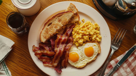 A delicious classic breakfast plate featuring sunny side up eggs, crispy bacon, buttery toast, and fluffy scrambled eggs, perfect for a hearty morning meal.の素材