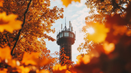 A stunning autumn scene featuring a communication tower framed by vibrant orange and yellow leaves, highlighting the beauty of nature's seasonal changes.の素材