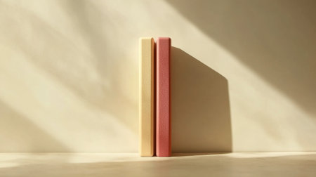 A pair of colorful books in yellow and pink are positioned against a minimal background, beautifully capturing soft shadows and light, creating a serene atmosphere.の素材