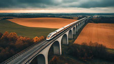 A high-speed train navigates a stunning viaduct in a picturesque landscape, surrounded by golden fields and dramatic clouds. Perfect for travel imagery.の素材