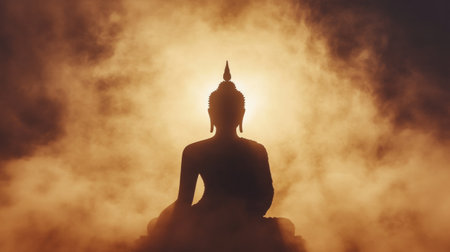 A serene silhouette of a Buddha statue emerges against a cloudy backdrop, symbolizing peace and tranquility. The soft light creates an ethereal atmosphere, perfect for themes of spirituality.の素材