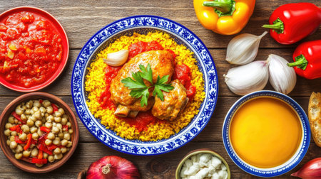 A beautifully roasted Spanish-style pork, presented on a rustic wooden table, garnished with fresh herbs and served alongside colorful side dishes, showcasing the vibrant flavors of Spain.の素材