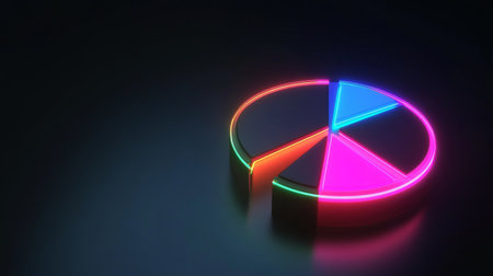 A stunning neon pie chart stands out against a dark backdrop, showcasing colorful segments for data visualization. Perfect for business and marketing concepts.の素材