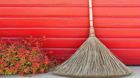 A traditional bamboo broom leaning against a colorful garden wall, surrounded by blooming flowers, showcasing the charm of natural cleaning tools in outdoor settings.の素材