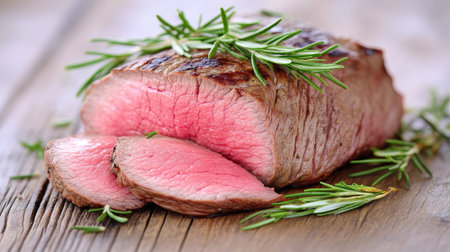 A perfectly grilled steak, sliced to reveal its juicy interior, garnished with fresh herbs, resting elegantly on a white background for a clean and appealing presentation.の素材