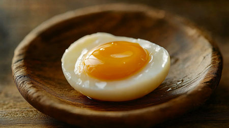 A beautifully presented freshly cooked egg featuring a bright yellow yolk, resting on a wooden plate. Ideal for food photography and culinary projects.の素材