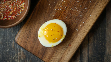 A beautifully presented soft-boiled egg sits on a rustic wooden board, surrounded by spices, capturing the essence of healthy and delicious meals.の素材